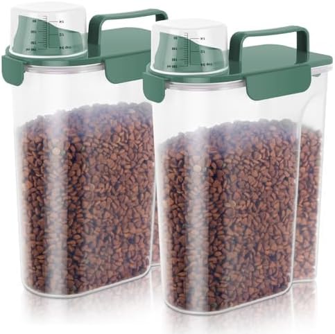 LEAWALK 5-7lbs Cat Dog Storage Container Portable with Upgraded Large Spout and Cup, Plastic Pet Food Dispenser BPA-Free for Small Animal Kibble, Bird Seed, Oatmeal, Rice, Flour-2Pack Dark Green