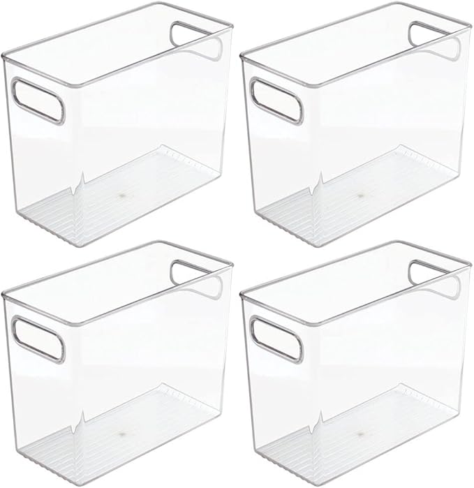 mDesign Plastic Tall Food Storage Organization Container Bin with Handles for Kitchen, Pantry, Cabinet, Fridge/Freezer, Countertop - Organizer for Snacks/Appliances, Ligne Collection, 4 Pack, Clear
