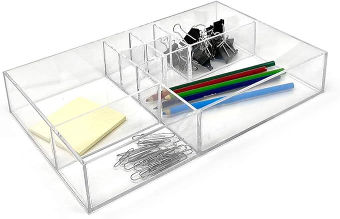 Isaac Jacobs 8-Compartment Clear Acrylic Drawer Organizer (13" L x 8.1" W x 2.3" H), Multi-Sectional Tray & Storage Solution for Makeup, School & Office Supplies, Bathroom, Kitchen (Pack of 2)