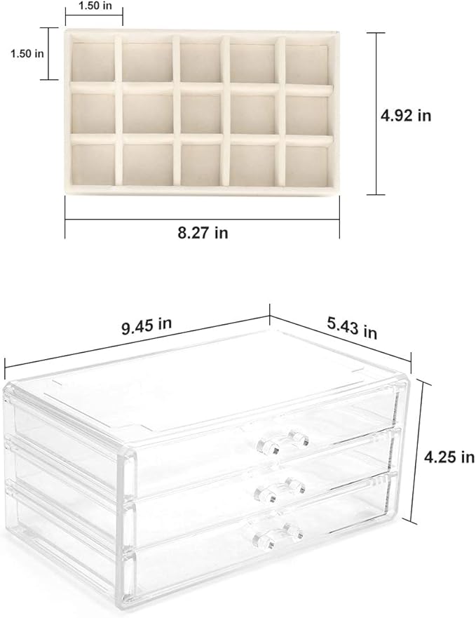 FEISCON Acrylic Jewelry Organizer Makeup Cosmetic Storage Organizer box Clear Jewelry Case with 3 Drawers Adjustable Jewelry Box Velvet Trays grid size