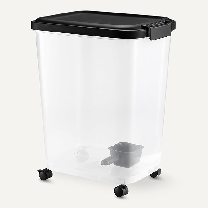 Amazon Basics Pet Food Storage Container with Wheels, BPA-Free, Detachable Scoop, 30lbs Capacity, Reliable Seal