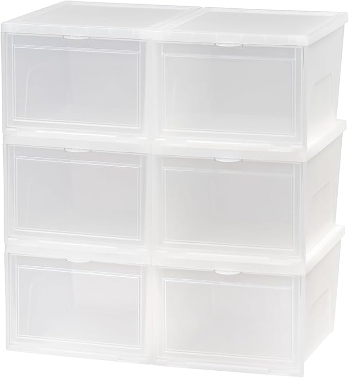 IRIS USA Stackable Shoe Storage Box with Latch Drop Front Door, 6-Pack, for Scarf Game Organizer Container with Ventilation Holes for Closet Under Bed Entryway Storage, Strudy, Tall, Clear