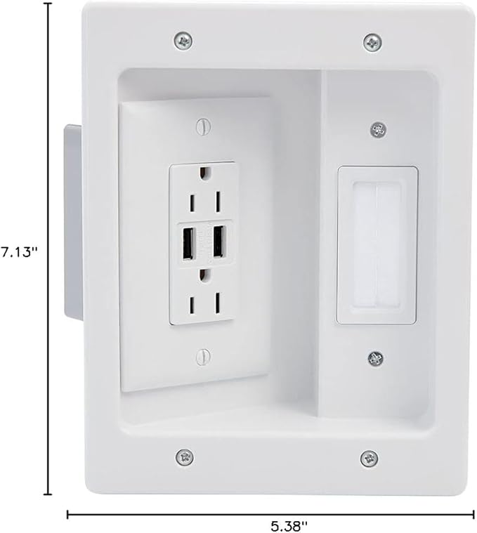Legrand - OnQ in Wall Cable Management Kit with USB, TV Outlet Wall Kit Hides Cords, in Wall TV Power Kit Works with All Plugs, Recessed TV Outlet, White, HT21USBWHV1 (Hardwired)