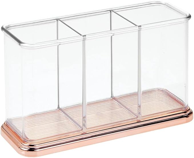 mDesign Plastic Organizer Cup Holder, Divided Storage Organizer for Desks, Office, Tables, Workspaces - Stores Pen, Pencils, Markers, Scissors - 3 Sections - Clear/Rose Gold