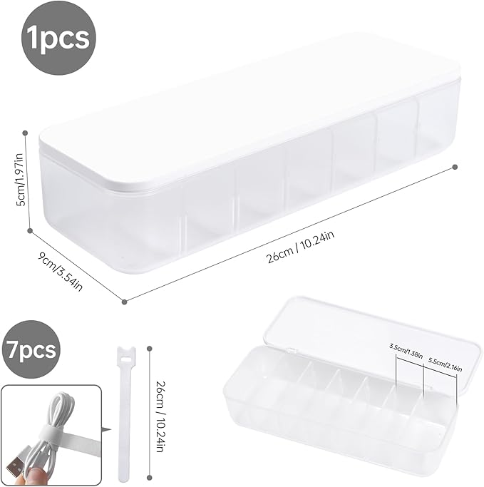 PAVSTINE Cable Organizer Storage Box with 7 Wire Ties,Desktop Cable Management Box with Lid,Power Cord Organizer with 7 Compartments for Office,Home,Desk Accessories Storage Stationery Supplies White