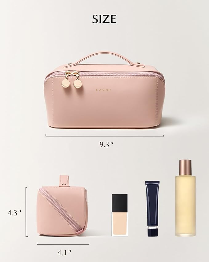 EACHY Travel Makeup Bag, Large Capacity Cosmetic Bag for Women, Waterproof PU Leather, Flat Open Portable Toiletry Bag for Skincare, Brushes & Travel Essentials