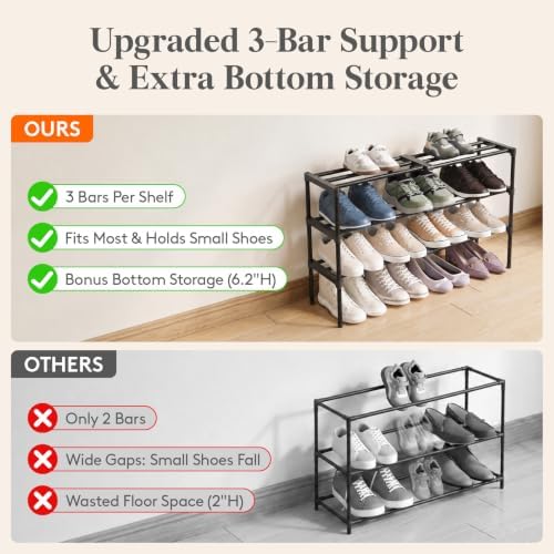 Expandable Shoe Rack for Closet, Pre-Assembled Shelves, 3 Tier