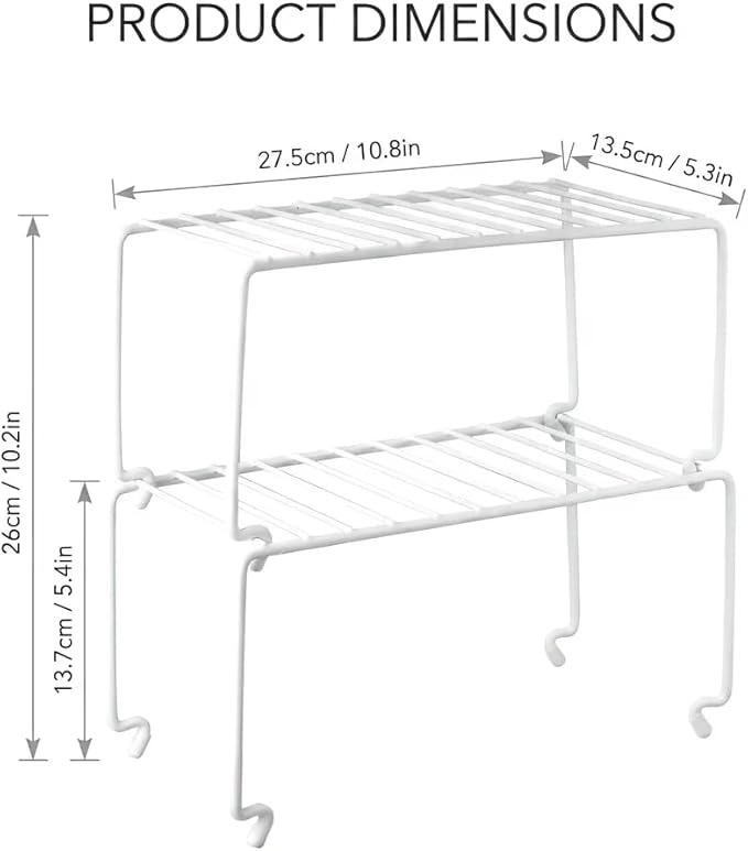 4-Pack Small (10.8x5.3inch) White Stackable Shelf Organizer Rack, Wire Shelf Rack for Kitchen Cabinet, Pantry, Desk Organization and Storage, Rustproof