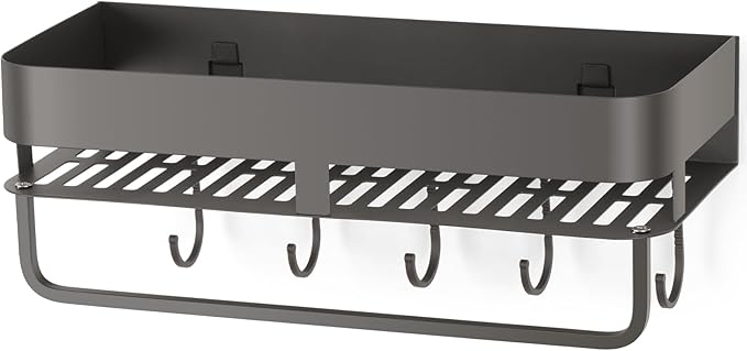 Adhesive Shower Caddy, 11.8 inch Stainless Steel Shower Shelves for Inside Shower with Hooks & Towel Bar-No Drilling(Gun Gray)