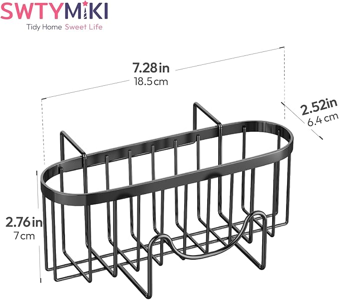 SWTYMIKI Sponge Holder for Kitchen Sink - Movable Kitchen Sink Caddy with M Shape Hook Stainless Steel Hanging Sponges Caddy Organizer in Double Bowl Sinks Depth>3.15in, Middle Divider<1.5in, Black L