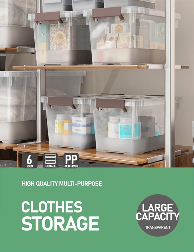 6 Pack 17qt Clear Plastic Storage Bin with Lid and Latching Buckles