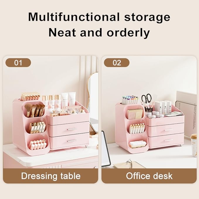 Makeup Organizer with Drawers,Large Capacity Countertop Organizer for Vanity,Bathroom and Bedroom Desk Cosmetics Organizer,Easy To Storage Skincare,Brushes,Lotions (All Pink)