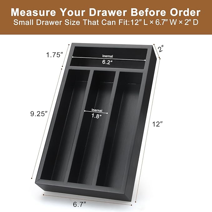 Small Cutlery Tray Narrow Wooden Silverware Organizer 12"x6.7" Spoon Kitchen