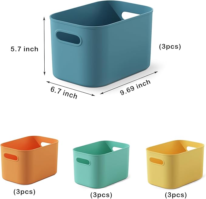 ORGIDOL 12 Pack Colorful Plastic Storage Bins, Storage Container for Organizing, Colored Storage Boxes with Handle for Shelves, Cute Organizer Bins for Craft, Snacks, Cabinet, 9.69x6.7x5.7 inch