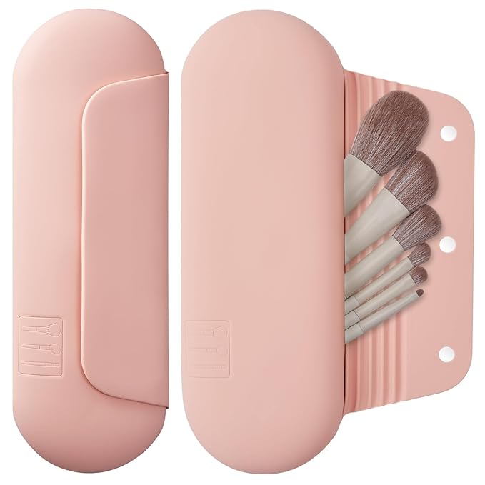 AGIKET Silicone Makeup Brush Holder Travel Cosmetic Bag:Soft Portable Cosmetic Face Brushes Holder with Upgrade Anti-Fall Out Magnetic Closure, Large Travel Makeup Brush Case - Pink Sand