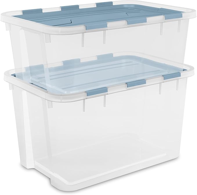 Sterilite 18 Pack Hinged Lid Storage Box, 60 Qt Plastic Container, Washed Blue - Home Organizer Tote for Storing Shoes, Crafts, Clothing, or Decor