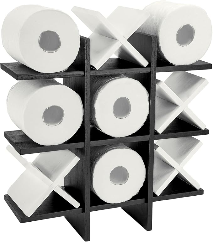 Weysat Tic Tac Toe Toilet Paper Holder Stand Bathroom Wall Decor Rustic Wooden Hanging Storage Freestanding Wall Mounted Shelves Decor for Toilet Tissue Farmhouse
