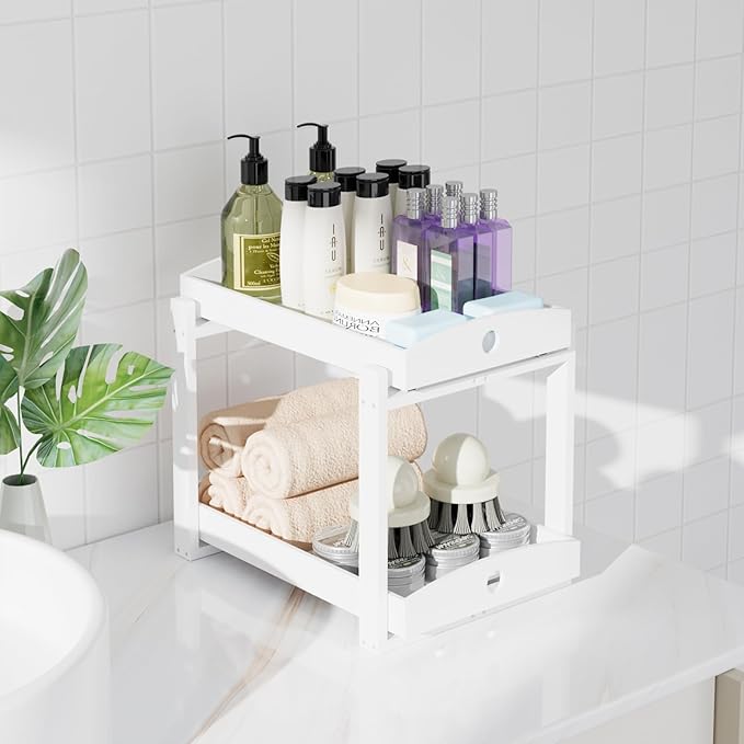 Bamboo Wood Under Sink Organizer 1 Pack, White, 2 Packs