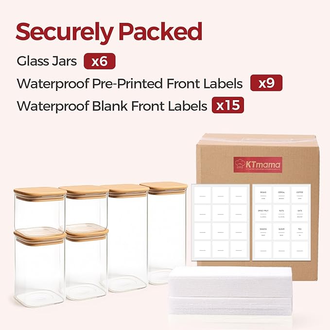 6-Pack Square Glass Pantry Storage Containers with Lids, Airtight Stackable Pantry Organization and Storage Set (1.6 Qt/1 Qt) for Snacks, Cereal & Coffee