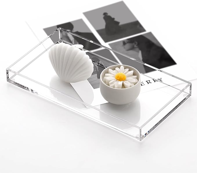 Acrylic Bathroom Vanity Tray, Rectangle Decorative Countertop Perfume Dish Soap Holder, Clear Organizer for Kitchen Toilet Tank, 11.02"x6"x1.1"