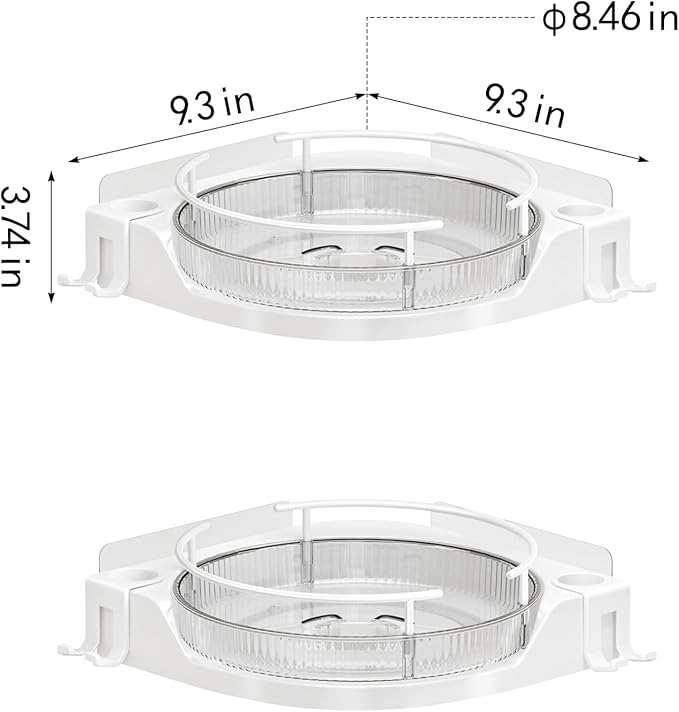 360°Rotating Corner Shower Caddy(2-Pack), No-Drill Adhesive Shower Shelf Organizer with Hooks, Lazy Susan Bathroom Storage for Bathtub, Shower Corner & Kitchen Sink, Space Saving Bathroom Organizer