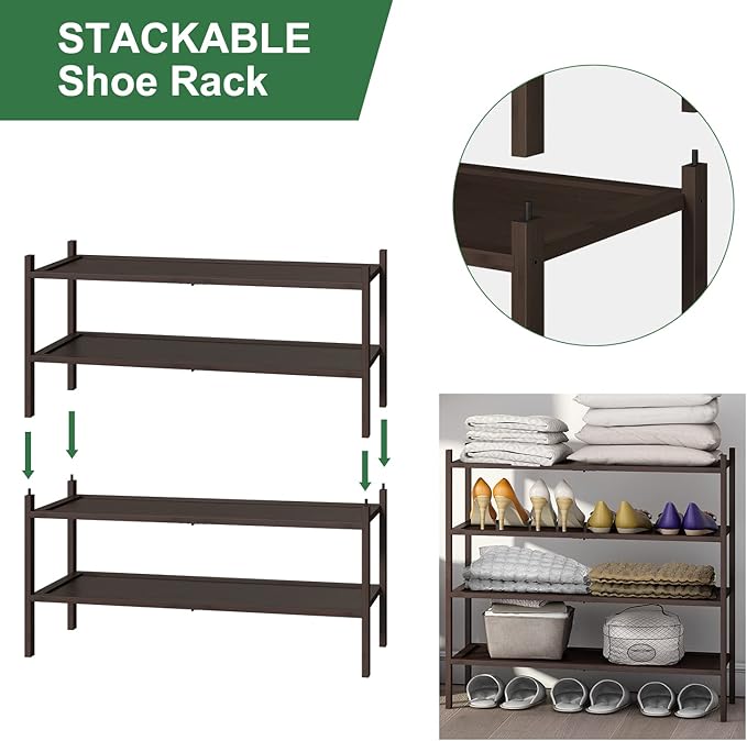 kiplant Shoe Rack for Entryway, Bamboo Wood Shoe Rack 4-Tier, Stackable Shoe Organizer for Closet, Free Standing Shoe Racks for Indoor & Outdoor
