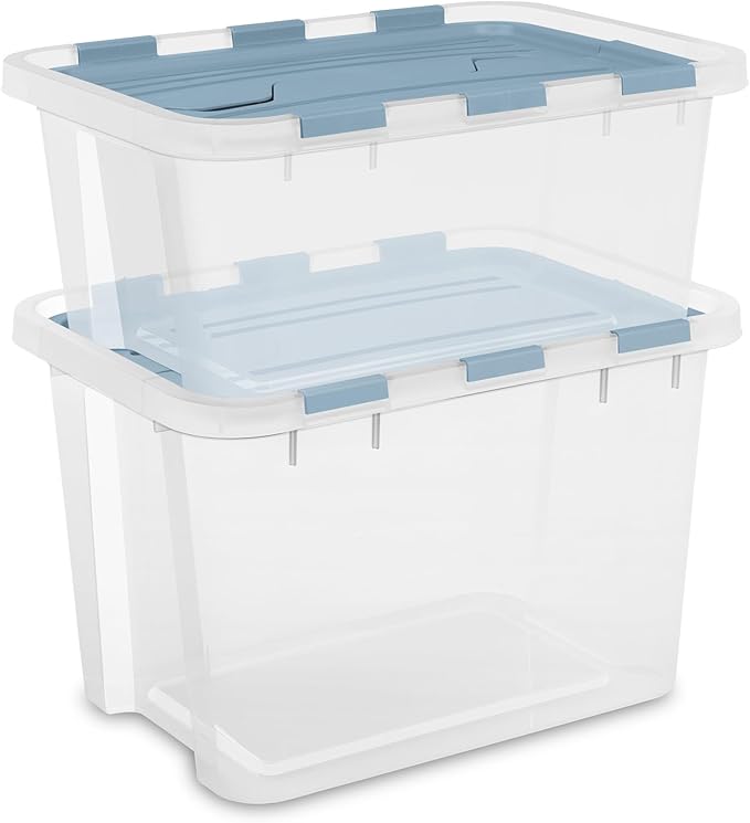 Sterilite 18 Pack Hinged Lid Storage Box, 20 Qt Plastic Container, Washed Blue - Home Organizer Tote for Storing Shoes, Crafts, Clothing, or Decor