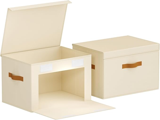 Homsorout Large Storage Bins with Lids - Front Opening Fabric Storage Bins, Flap Closet Organizer with Handles, Collapsible Boxes with Lid, Decorative Basket for Home, Dorm, 2 Pack, Beige