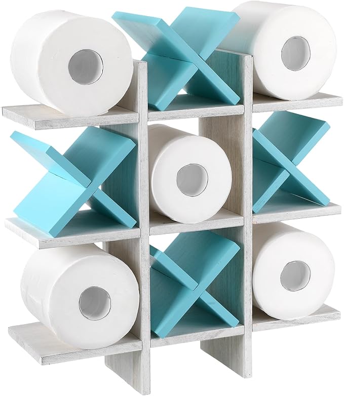 Weysat Tic Tac Toe Toilet Paper Holder Stand Bathroom Wall Decor Rustic Wooden Hanging Storage Freestanding Wall Mounted Shelves Decor for Toilet Tissue Farmhouse