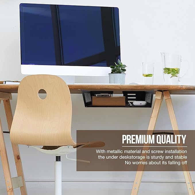 2 Pack Under Desk Shelf-Metal -Black Under Shelf Storage for Office Tables & Workstations(13Inch)