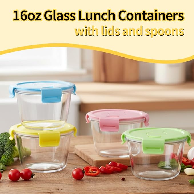 2 Cup Round Glass Soup Container with Lids and Spoons