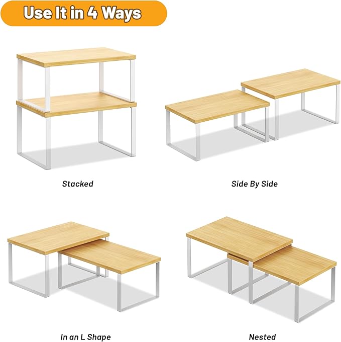 Kitchen Cabinet Organizer Shelf Set of 4, White+Bamboo