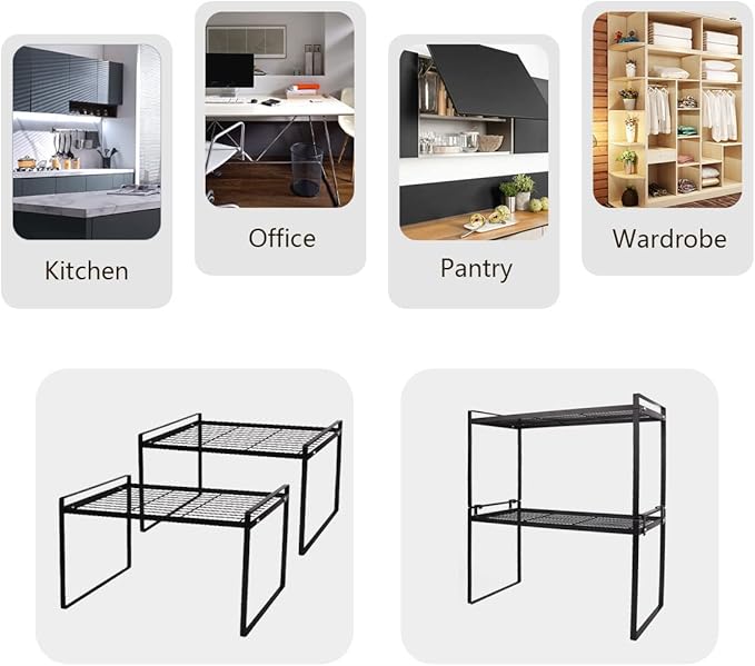 2 Pack Stackable Cabinet Shelf Organizer - Heavy-Duty Coated Metal Storage Rack, Non-Slip Space-Saving for Kitchen Pantry, Under Sink, Cupboard, Countertop (Black)