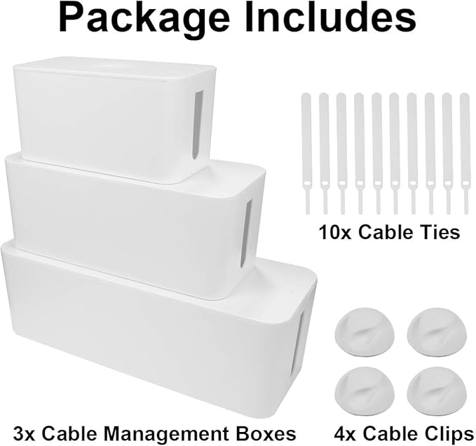 Cable Management Box - 3 Pack Cord Organizer Box for Desk - Large Medium Small Cable Box to Hide Power Strip & Wires - Pet-Safe Cord Hider for TV Computer Under Desk - White