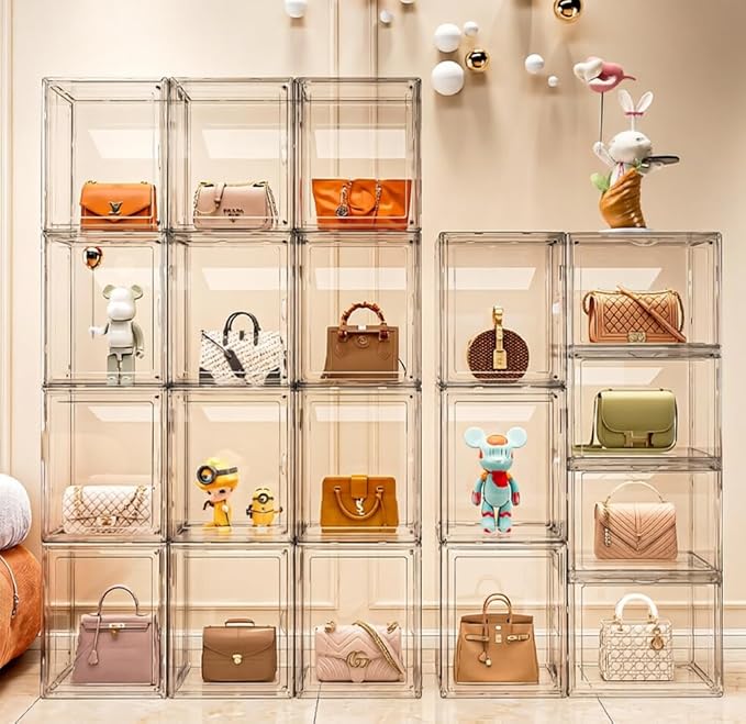 Clear Stackable Storage Bins, Acrylic Display Case, Acrylic Boxes with Lids, Magnetic Lid Storage Bins for Handbags & Purse, Large Figures Collectibles, Storage Box for Home Organization(5 Pack)