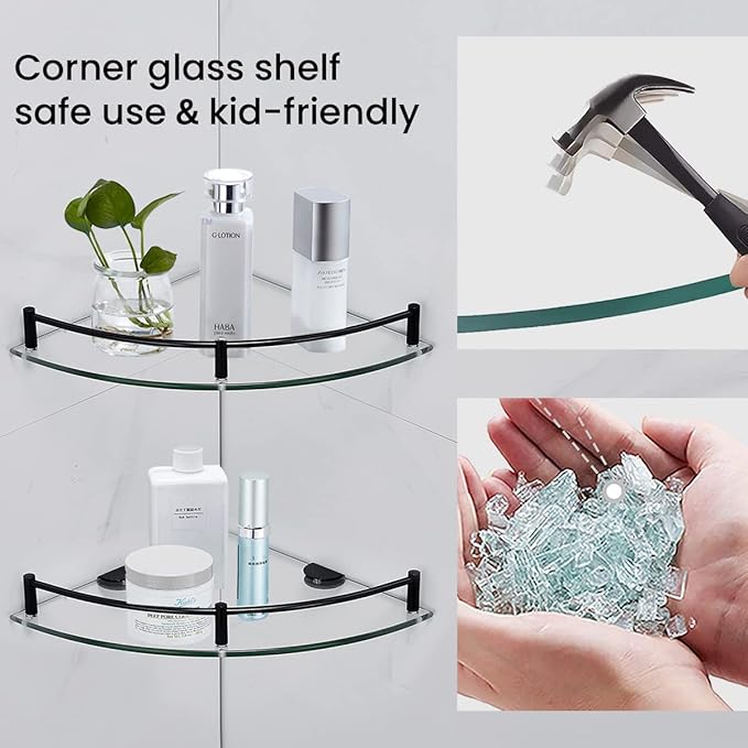 Glass Shelf Bathroom Floating Shower Corner Shelves Shampoo Holder with Rail