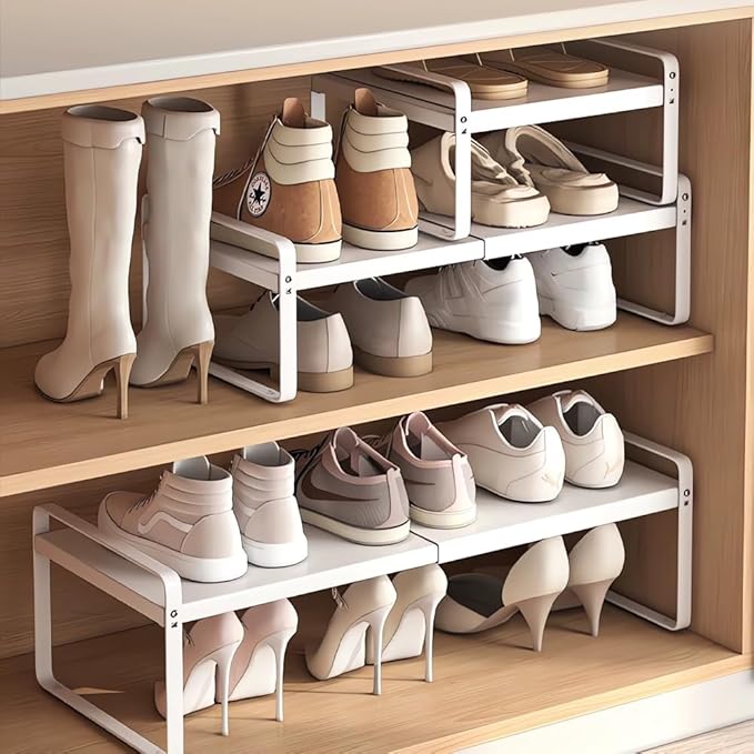Expandable 1-Tier Metal Shoe Rack (H:7"), Adjustable Width 14.9"-23.6", Heavy-Duty Stackable Free-Standing Shoe Shelf for Closet & Entryway – 2-Pack Set