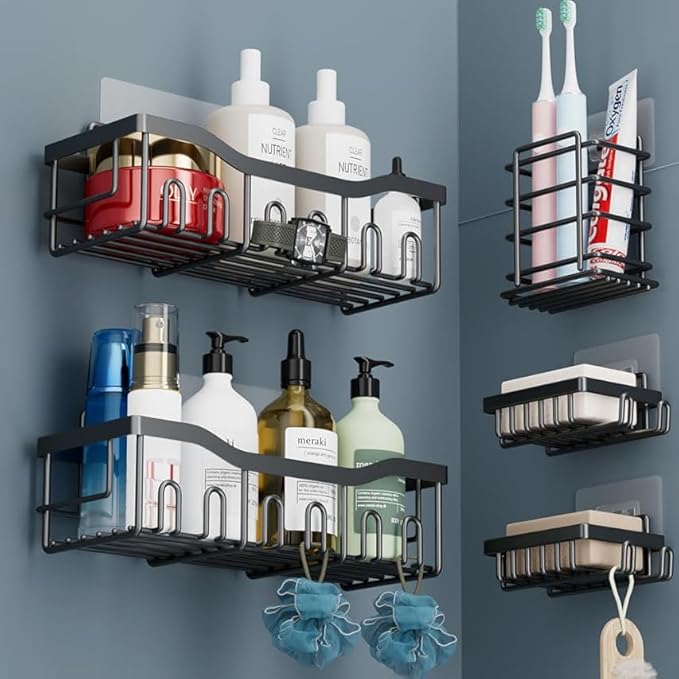 GD Adhesive Shower Caddy 5 Pack – Rustproof Stainless Steel No-Drill Bathroom Organizer Shelves with Large Capacity, Waterproof Storage Racks for Shower, Kitchen, Dorm, Apartment, and Home