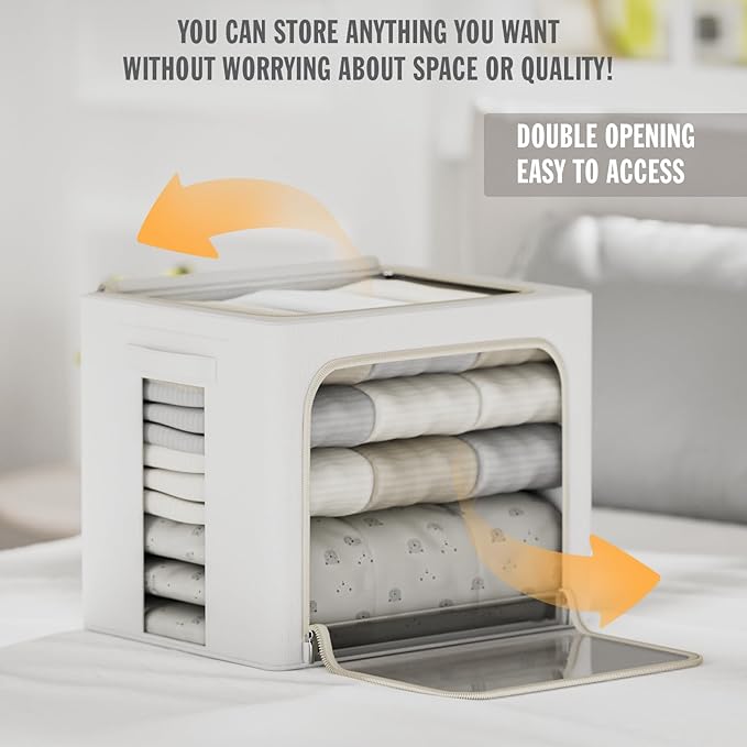 FHSQX 2 Pack Clear Window Storage Bins - Large Stackable Linen Fabric Storage for Clothes Foldable Container Organizer Set with Carrying Handles (Lvory White, 16.5x 12.2x 12.2Inch)