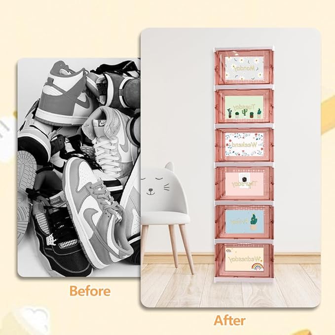 6 Shelf Weekly Clothes Organizer for Kids, Foldable Days of The Week Clothes Organizer with Door Hanging Closet Organizer Storage for Boys and Girls Monday Through Friday Essential Stuff (Brown)