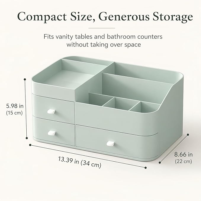 Makeup Organizer with 3 Drawers, Large Vanity Storage for Skincare, Perfume, Lipstick and Brushes, Countertop Cosmetic Holder for Bathroom, Dresser or Bedroom, Green
