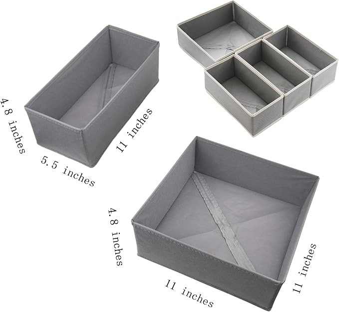 Drawer Organizer Set of 4 Light Grey, Fabric Storage Bins for Clothes, Underwear