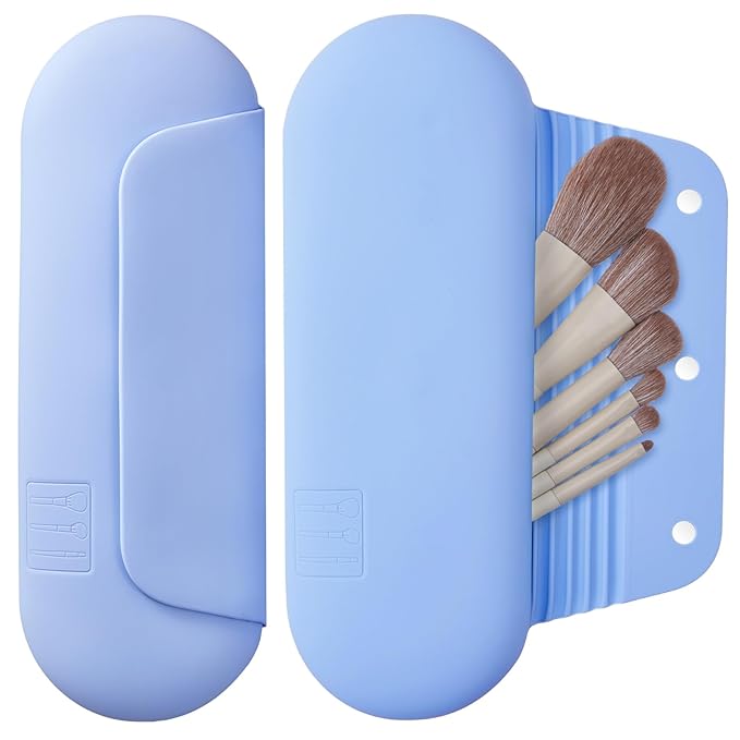 AGIKET Silicone Makeup Brush Holder Travel Cosmetic Bag:Soft Portable Cosmetic Face Brushes Holder with Upgrade Anti-Fall Out Magnetic Closure, Large Travel Makeup Brush Case - Blue