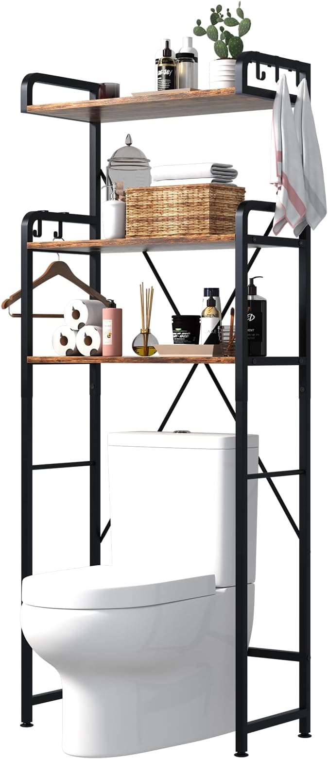Huhote Over The Toilet Storage Rack with 3-Tier Bathroom Shelves, Space Saver Toilet Shelf, Bathroom Storage Organizer with Hooks for Over Toilet Storage and Shelf (Rustic Brown)