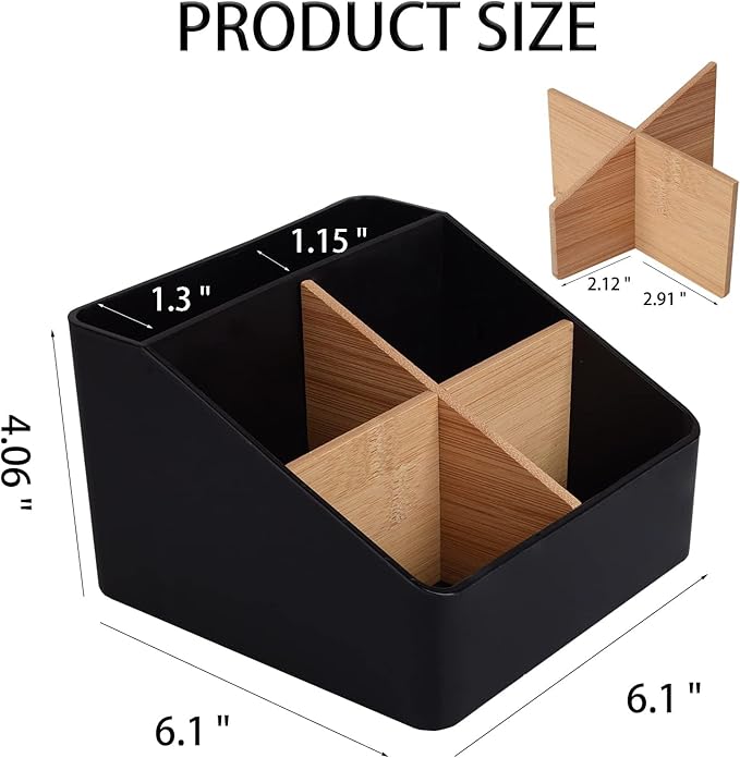 Toothbrush Holder for Bathrooms, 5 Slots Tooth Brush Holder with Detachable Bamboo Dividers, Countertop Organizer for Electric Toothbrushes, Toothpaste, Razors, Floss - Black