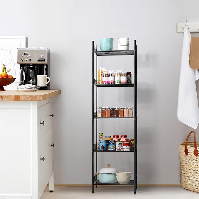 5-Tier Storage Shelf Wire Bathroom Organizers, Heavy Duty Shelving Unit for Pantry Kitchen Bathroom Laundry Room Garage, Organization Home Corner Rack, Black