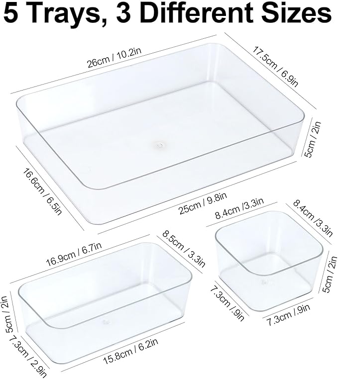 MultiBey 5 PCS Clear Plastic Drawer Organizer Set, 3 Sizes Non-Slip Storage Bins Organizer Trays for Makeup, Jewelry, Pantry & Office
