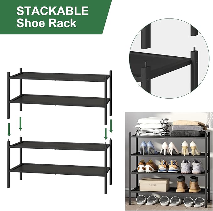 kiplant Shoe Rack for Entryway, Black Bamboo Shoe Rack 4-Tier, Stackable Shoe Organizer for Hallway Closet, Free Standing Shoe Racks for Indoor Outdoor