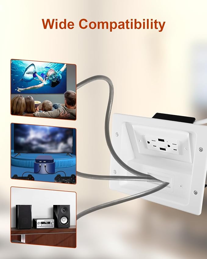 In Wall Cable Concealer Kit with Brush Wall Plate AC Outlets and 2 USB Ports, 9ft Cord, Hide Cords Recessed Wall Outlet for TV Cable Management, HDMI Cables and Home Theater Systems