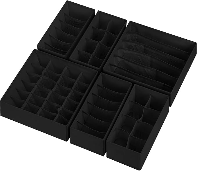 6 Pack Sock Underwear Drawer Organizer Dividers, Black